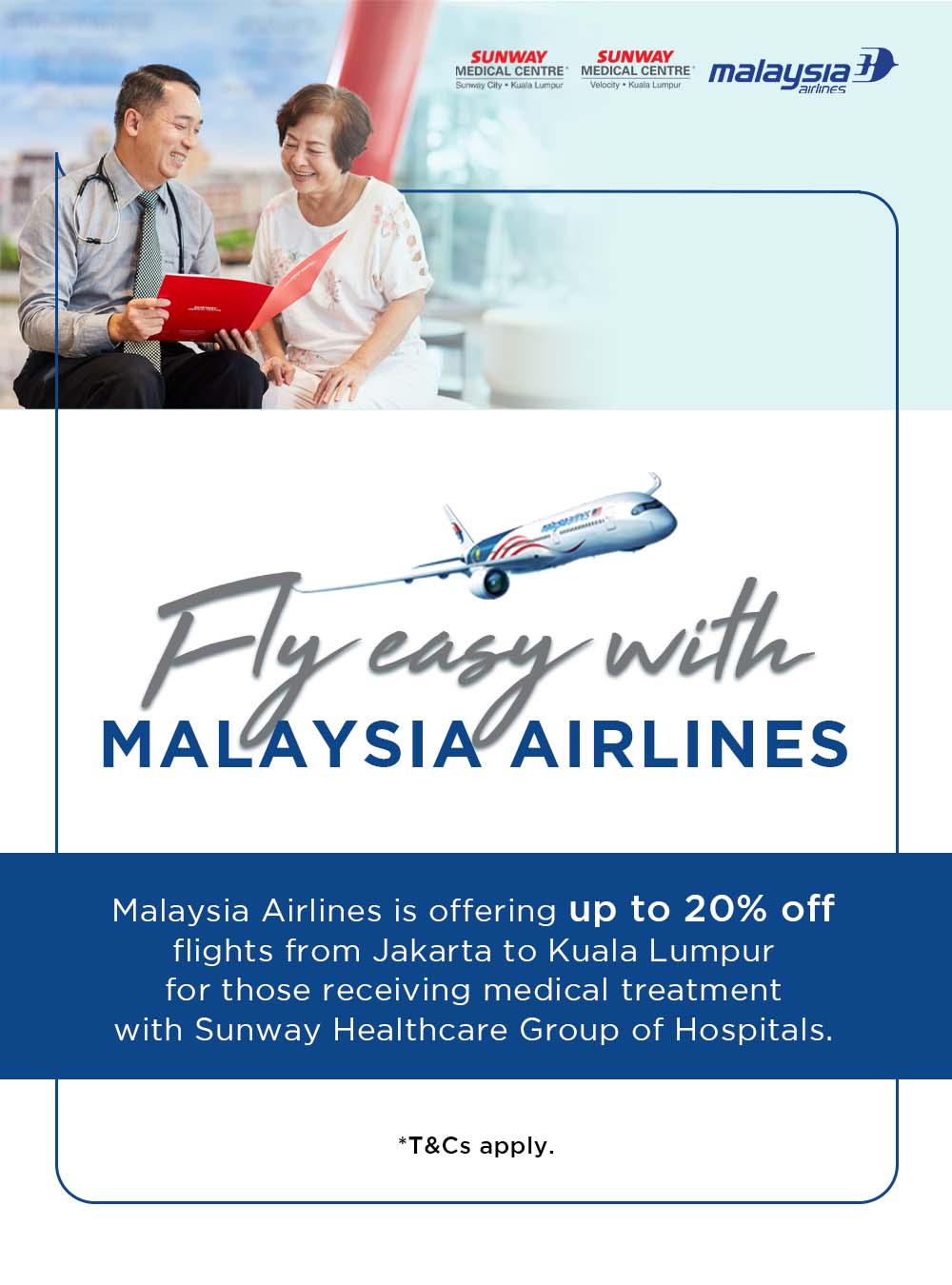 Welcome Health Tourists!     See our offerings for your hassle-free healthcare experience!  Free COVID-19 RT-PCR test (one time; for the patient)  Free medical check-up (for patient's companion)  50% off specialist teleconsultation   30% off quarantine fees  20% off AirAsia flights from Jakarta to Kuala Lumpur  Up to 20% off Malaysia Airlines flights from Jakarta to Kuala Lumpur  10% off Sunway Clio Hotel quarantine package  Exclusive offers and privileges at Sunway venues i.e. Sunway Lagoon Wildlife Park, Sunway Pyramid, and Sunway Velocity Mall     Offers are valid until 31st December 2021. Call us at +603-74941098 to learn more. 