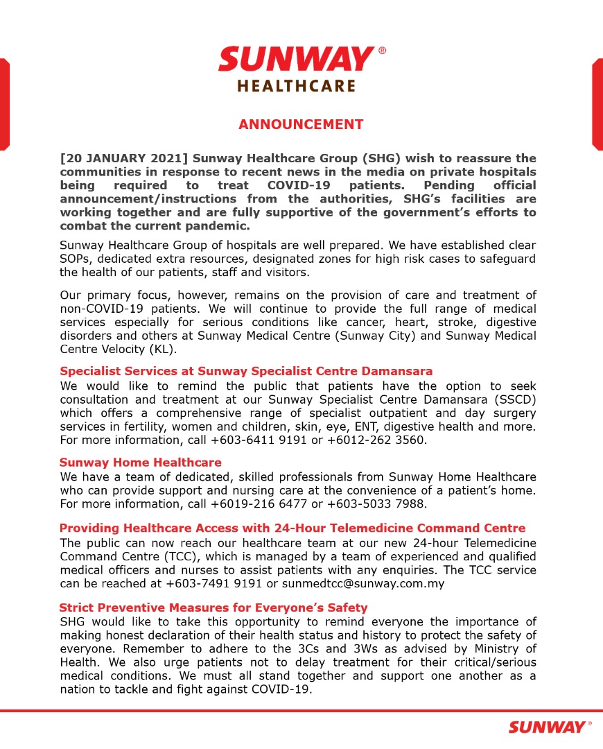 Sunway Healthcare Group Statement